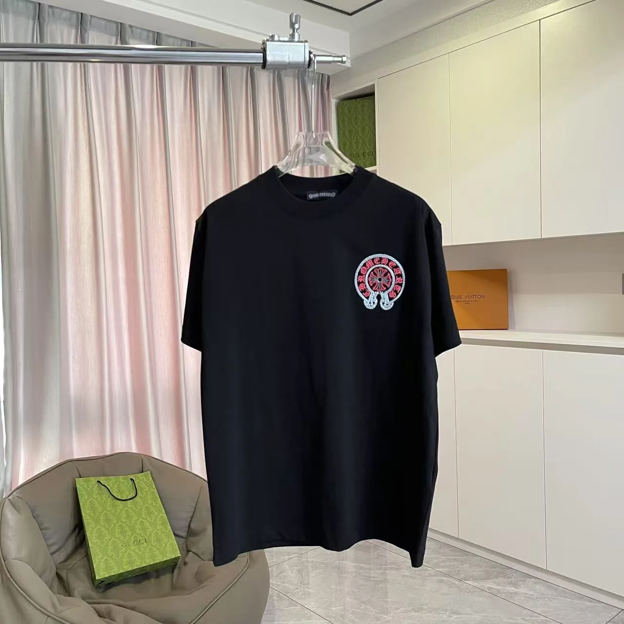 🅿️200 ch Cro* 2025 summer new style Sanskrit horseshoe cross cross vacuum embroidery short-sleeved t-shirt customized fabric 300g same style for men and women Size: S M L XL XXL Five codes Color: black white